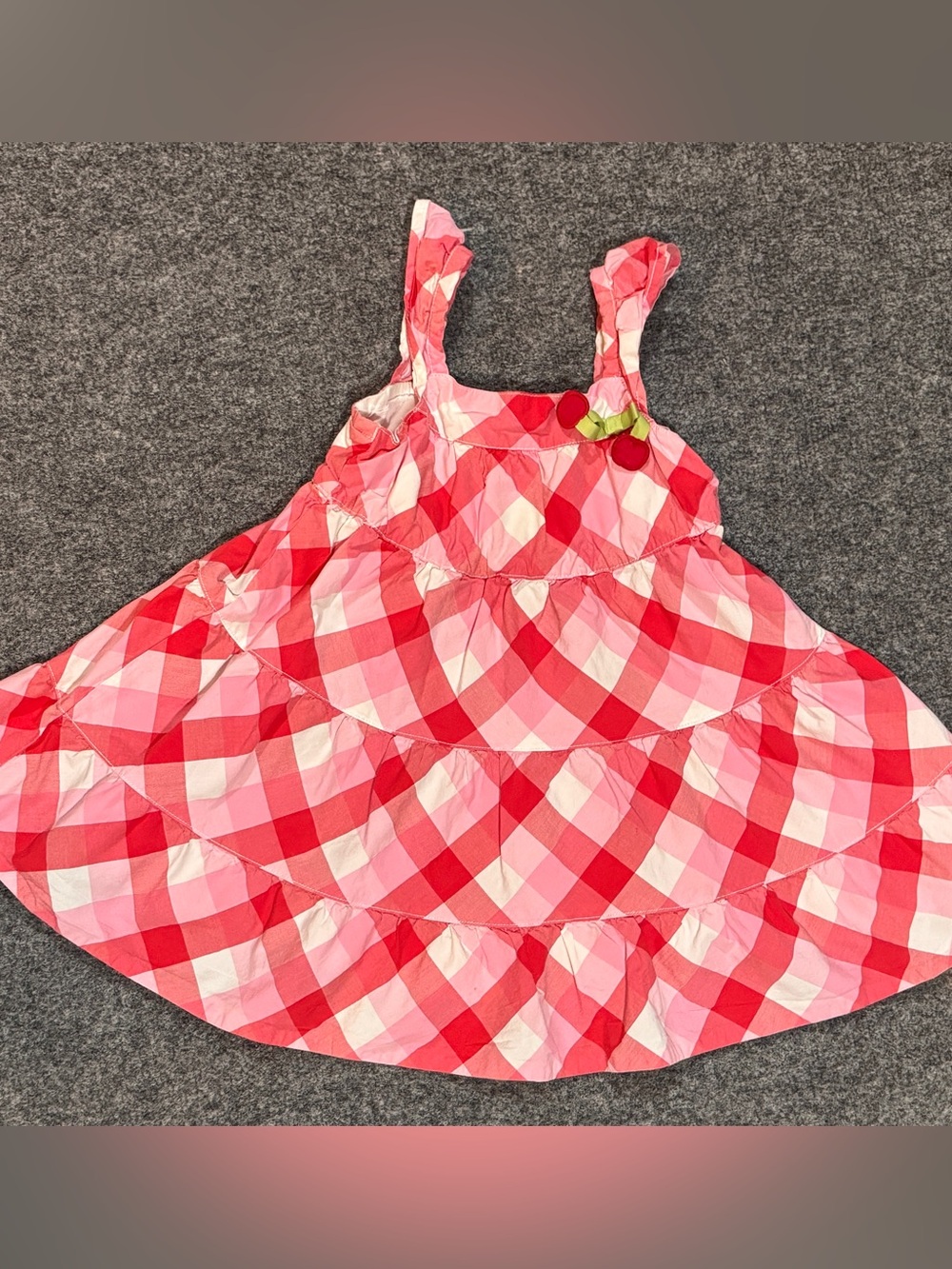 Gymboree 2T Pink Red Gingham Plaid Tiered Sundress Cherry Accent Summer Dress